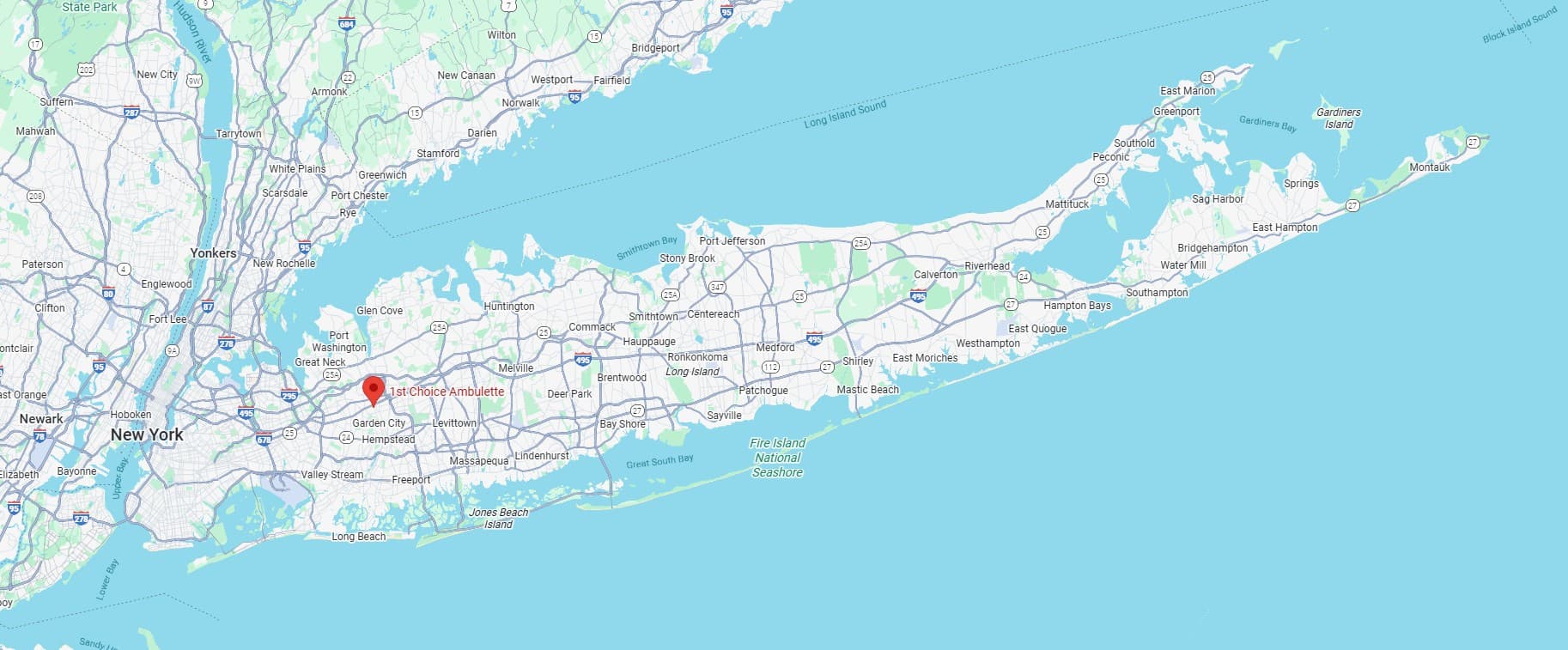 1st Choice Ambulette service area map covering Long Island, NYC, and surrounding areas